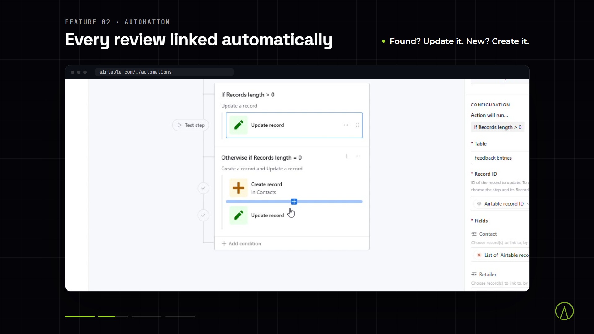 Airtable screens: the public feedback form, the linking automation and the brand insights interface