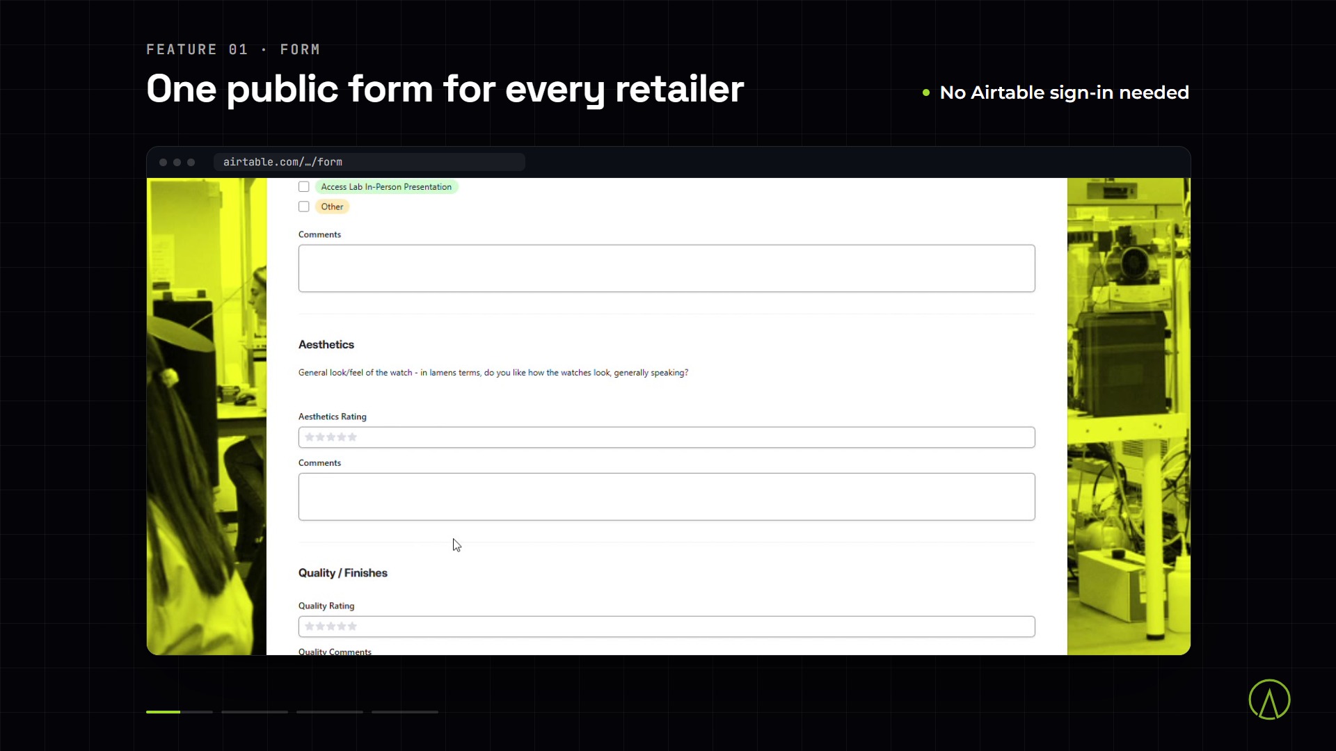 Airtable screens: the public feedback form, the linking automation and the brand insights interface