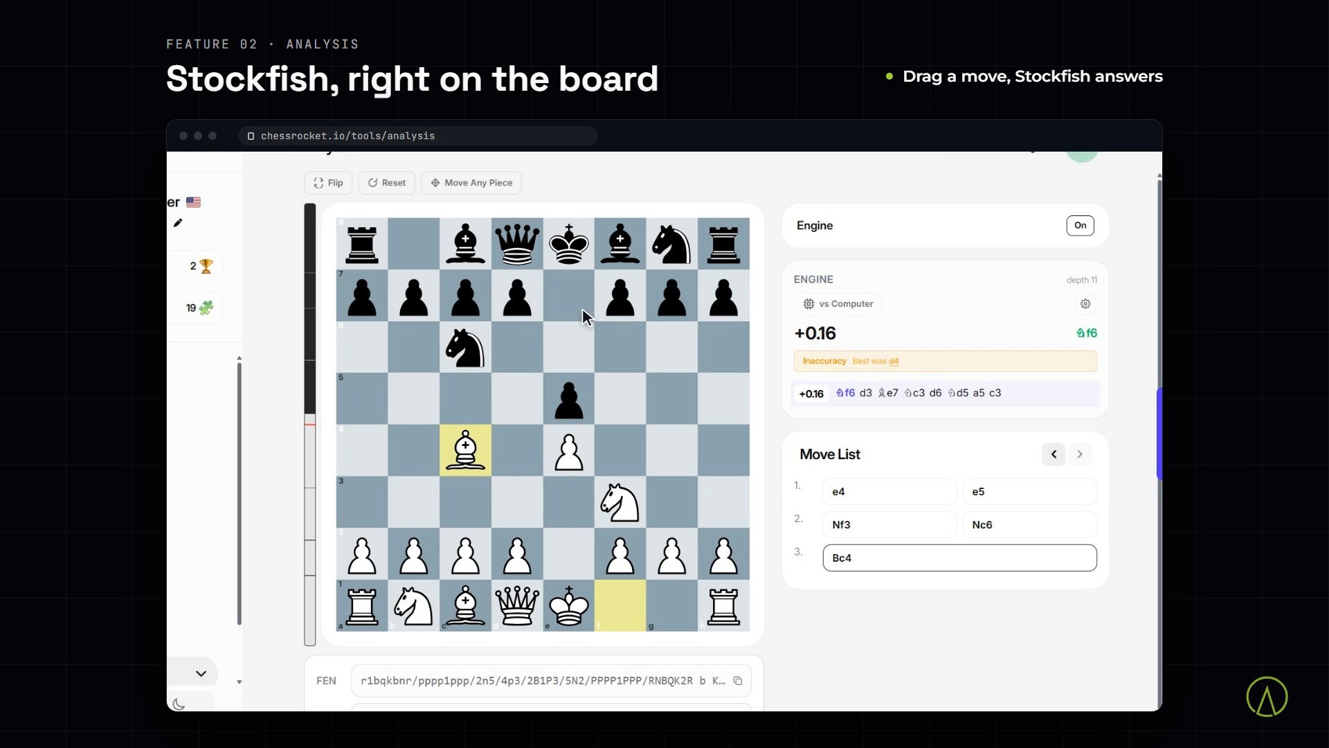 Chess Rocket screens: Lichess play, Stockfish analysis and the puzzle rankings