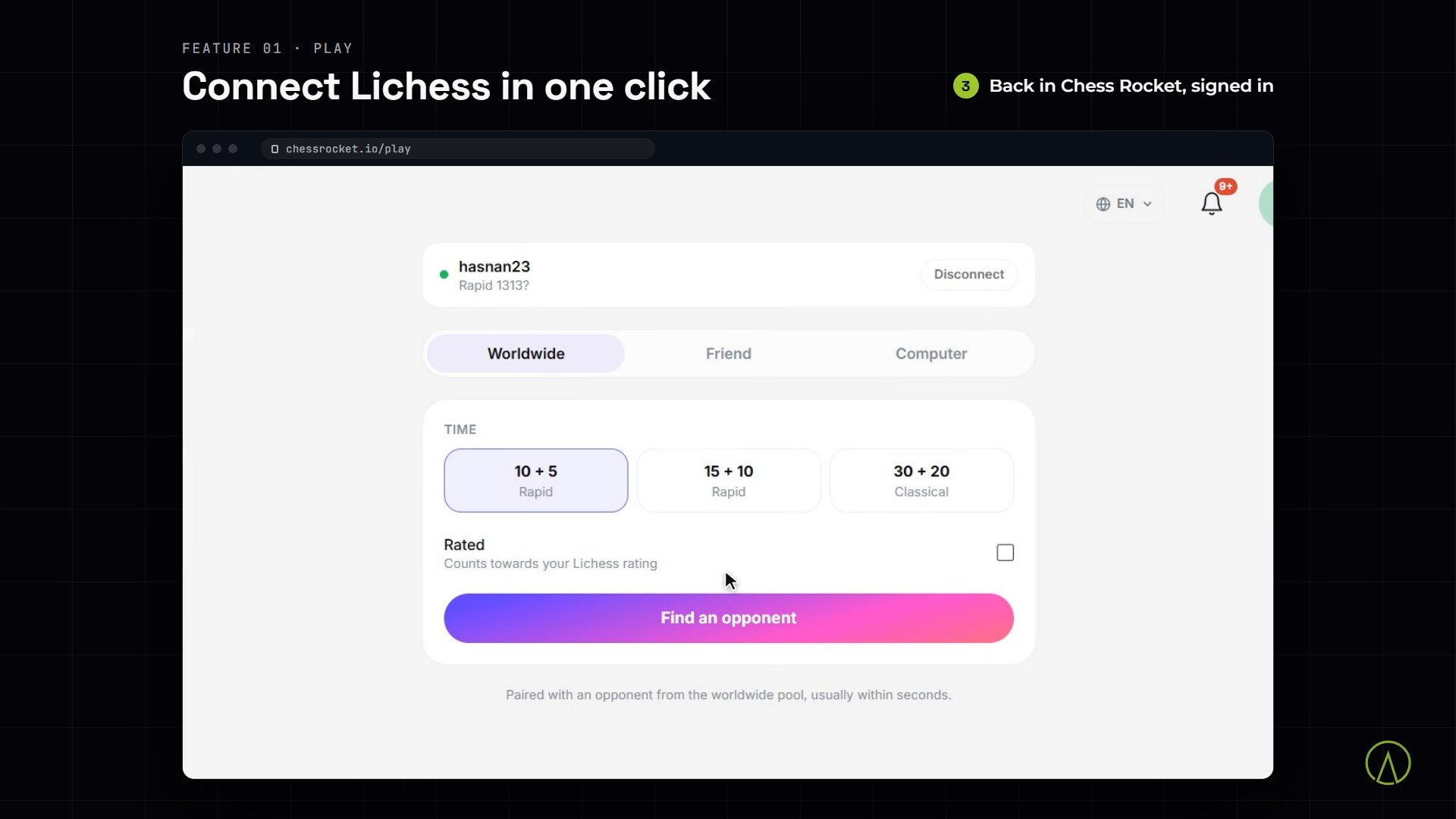 Chess Rocket screens: Lichess play, Stockfish analysis and the puzzle rankings
