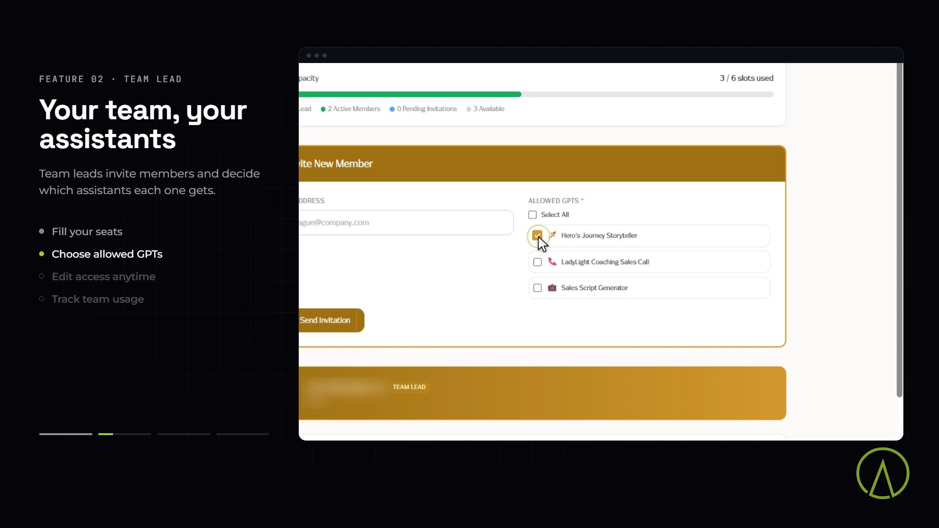 LadyLight screens: guided AI assistants, team access and the admin dashboard